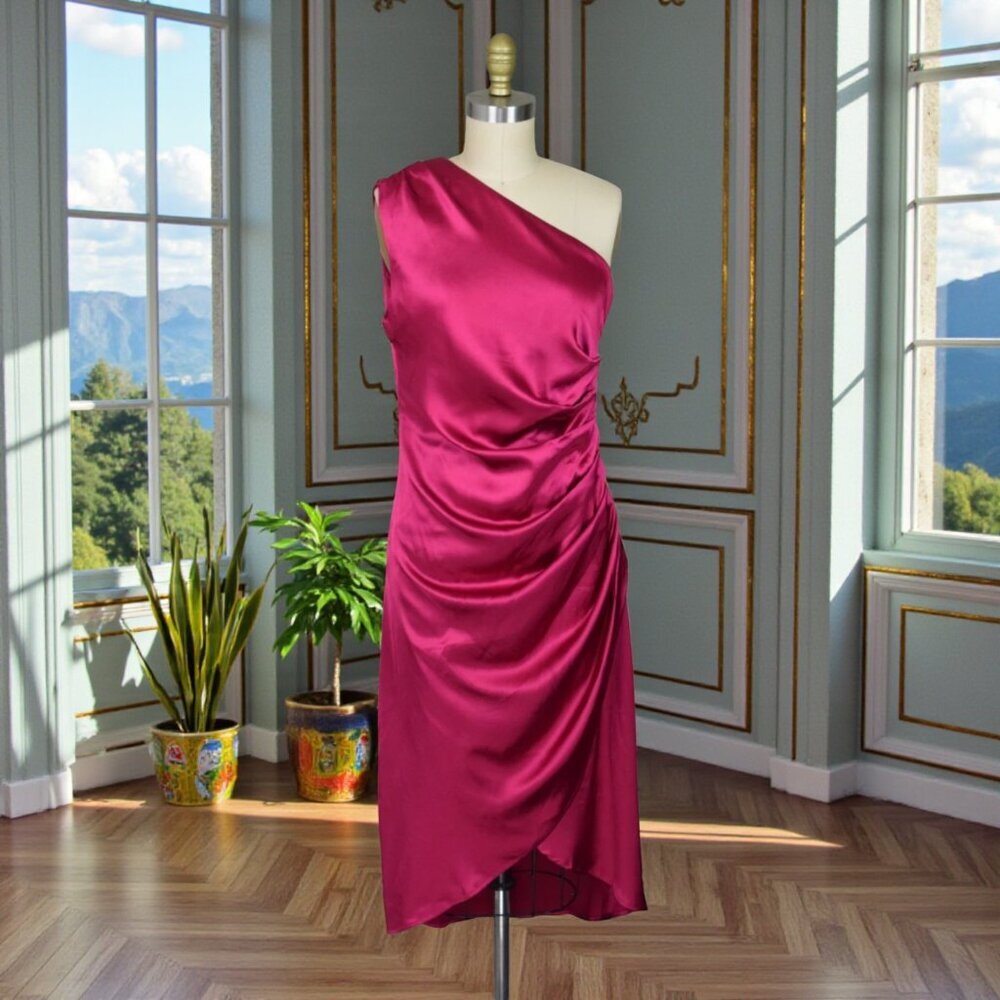 RACHEL ZOE DARK PINK SATIN RUCHED ONE SHOULDER MIDI DRESS